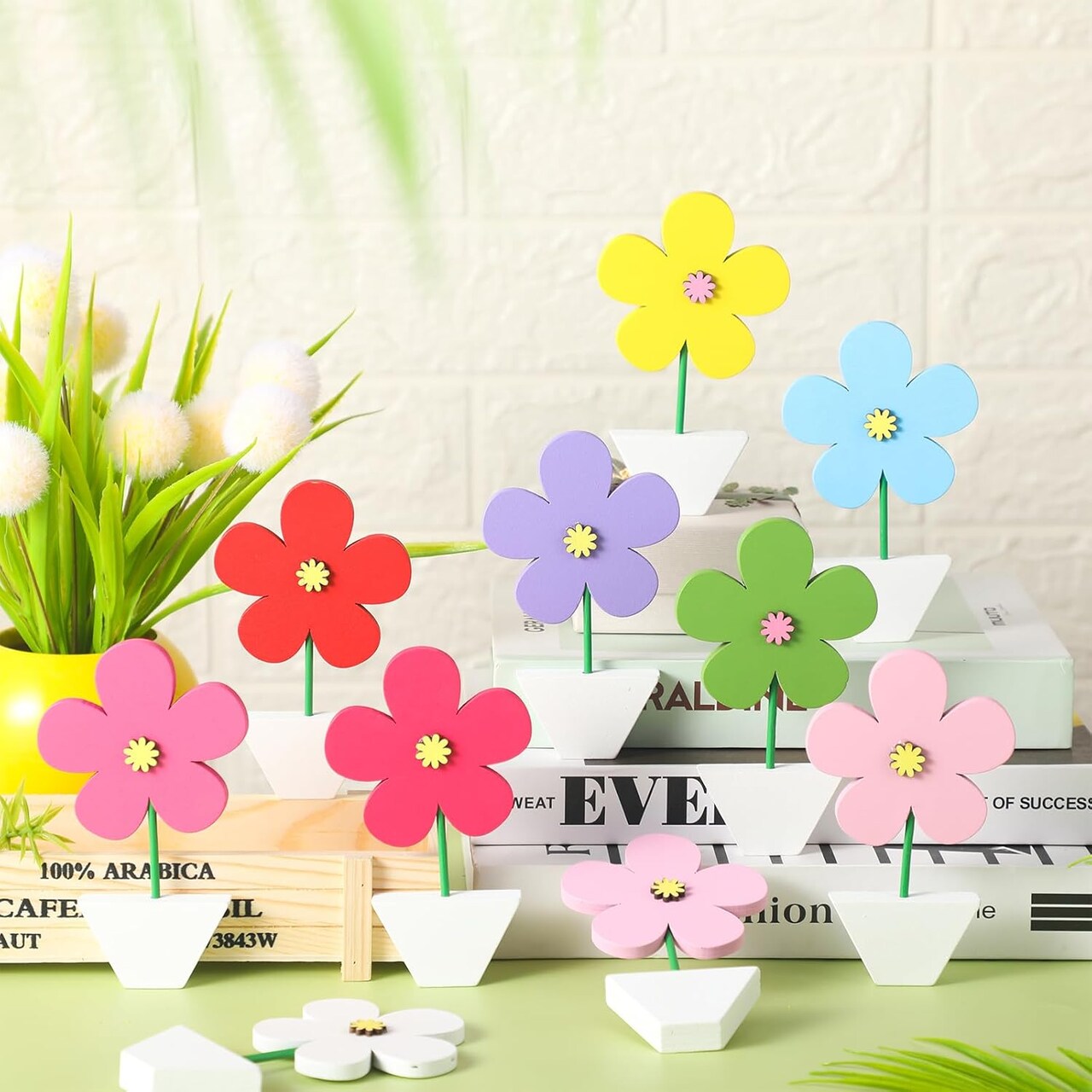 10 Pcs Spring Flower Wooden Decor Spring Table Decoration Rustic Tulip Daisy Wood Signs Floral Tiered Tray Decor Colorful Flower Centerpiece for Home Kitchen Shelf Decorations(Flower)